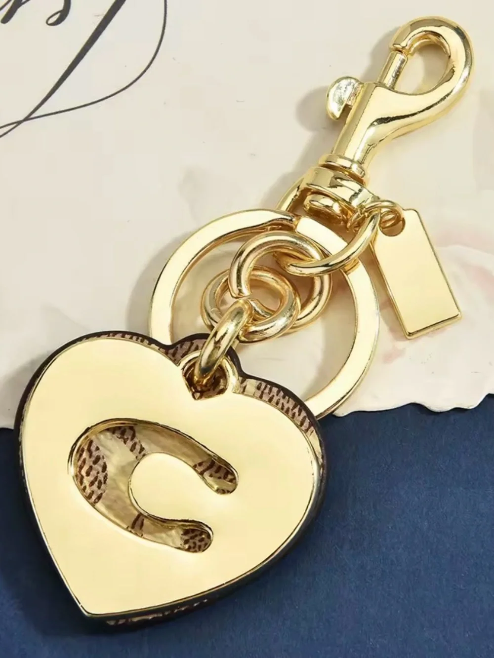 Coach Signature CC Monogram Logo Double Heart Bag Charm Keychain